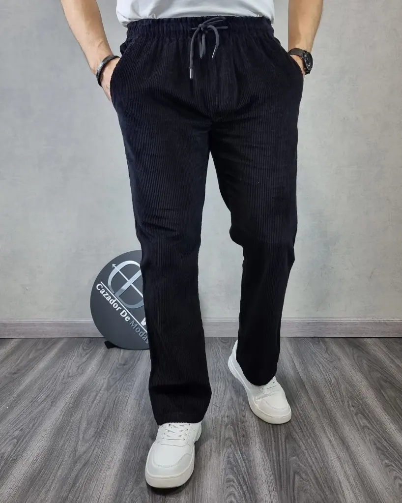 [PE19197S] Pantalón de pana relaxed slim estivaneli 19196 (S, NEGRO)